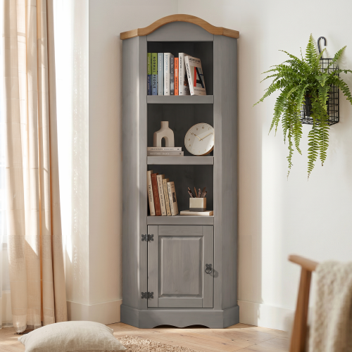 Mercers Furniture Corona Grey Wax Corner Display Unit Solid Wood Pine Wooden Bookcase