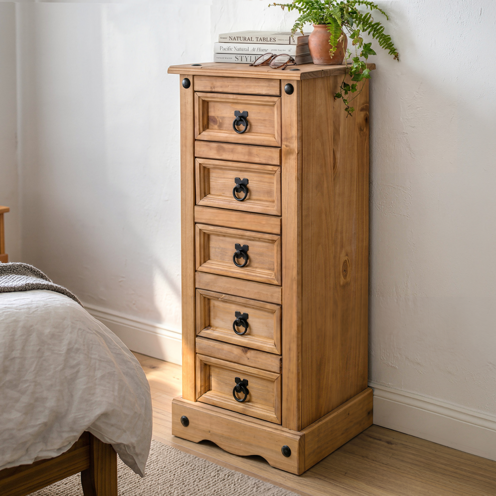 Mercers Furniture Corona Narrow 5 Drawer Bedside Cabinet Solid Wood Mexican Pine