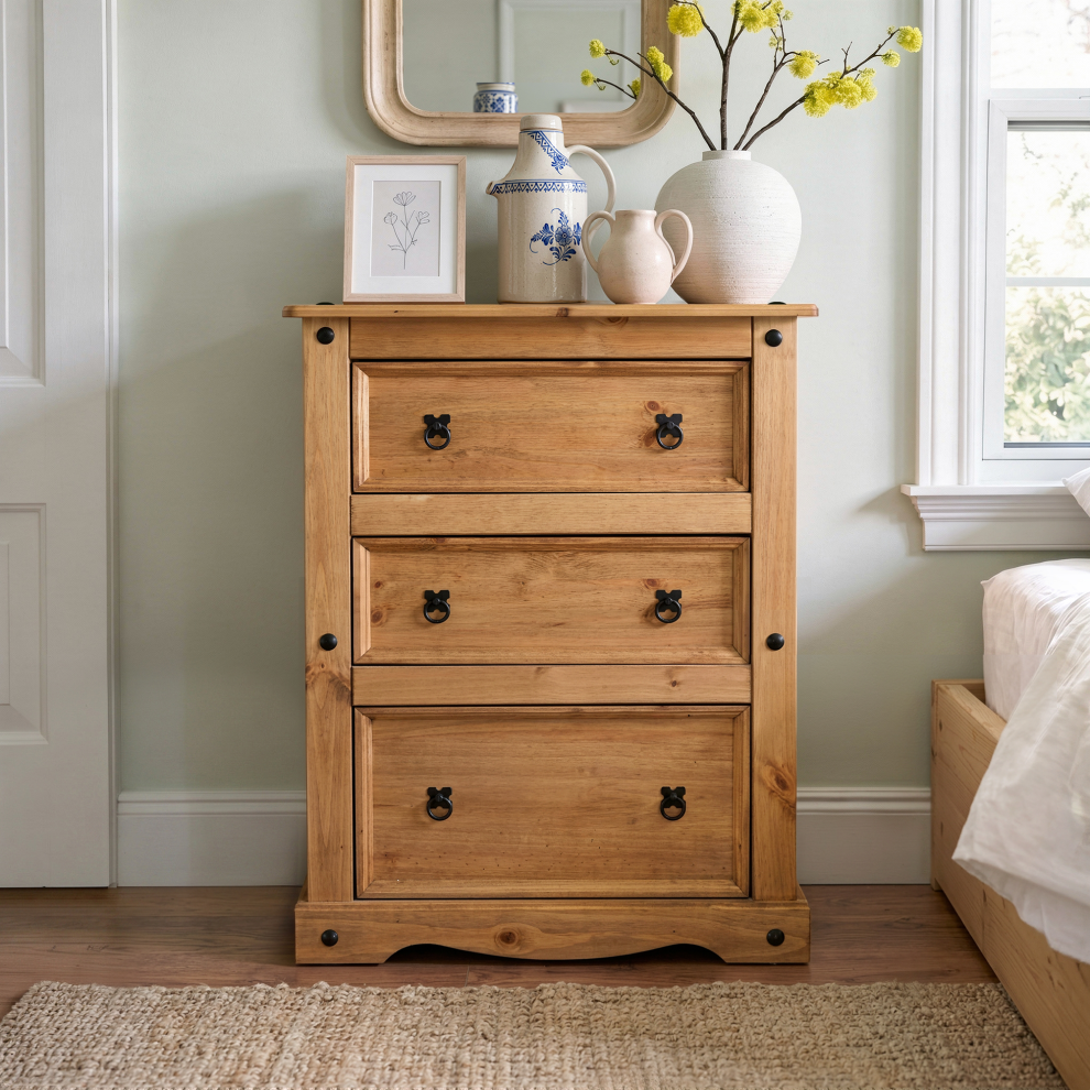 Mercers Furniture Corona 3 Drawer Wide Chest Of Drawers Solid Wood Pine Wooden Bedroom
