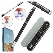 5-i-1 stylus, laser, LED-lommelygte, teleskopisk pegepen med etui - elegant og yderst praktisk