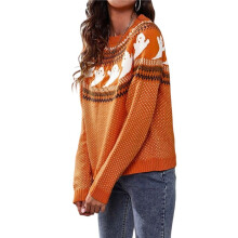 Pull en Tricot Décontracté à Manches Longues et Col Ras Du Cou pour Femme, Imprimé Fantôme Couleur Orange S