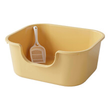 (Yellow) Cat Litter Box Litter Basin Heighten Cats Litter Pan with Scooper Durable