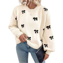 Pull Imprimé Y2K pour Femme, Col Ras Du Cou, Manches Longues, Épaules Tombantes, en Tricot Abricot XL