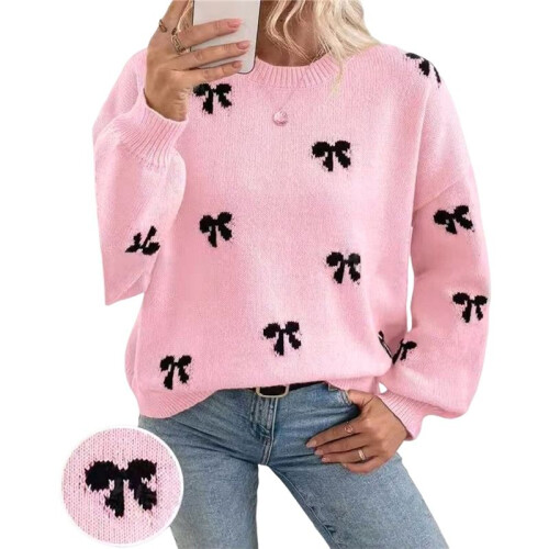 Damen-Pullover mit Y2K-Print, Rundhalsausschnitt, Lange Ärmel, Überschnittene Schultern, Strickpullover Rosa M