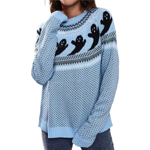 Damen Lässiger Strickpullover mit Geister-Print, Langarm, Rundhalsausschnitt Hellblau XXL