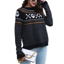 Pull en Tricot Décontracté à Manches Longues et Col Ras Du Cou pour Femme, Imprimé Fantôme Noir Foncé XL