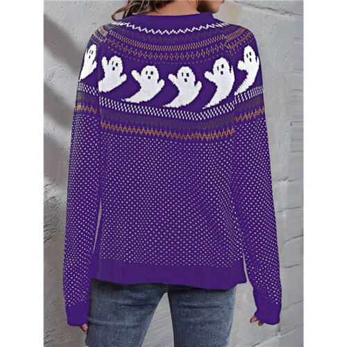 Damen Lässiger Strickpullover mit Geister-Print, Langarm, Rundhalsausschnitt Lila M 2