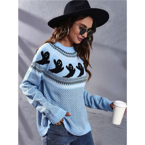 Damen Lässiger Strickpullover mit Geister-Print, Langarm, Rundhalsausschnitt Hellblau M 2