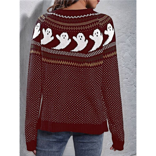 Damen Lässiger Strickpullover mit Geister-Print, Langarm, Rundhalsausschnitt Weinrot S 2