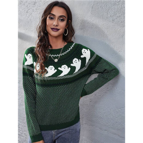 Damen Lässiger Strickpullover mit Geister-Print, Langarm, Rundhalsausschnitt Grün XL 2