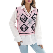 Women'S Sleeveless V Neck Knit Sweater Vest Skull Print Crop Tank Top L