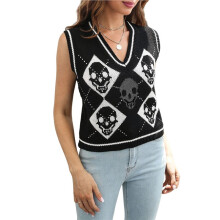 Women'S Sleeveless V Neck Knit Sweater Vest Skull Print Crop Tank Top Black S