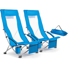 (Blue) Folding Beach Chair Set of 2, Camping Chairs Low Lightweight for Adults with Cup Holder & Storage Pocket, Portable