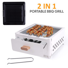 (WHITE) Portable BBQ Grill, Folding Tabletop Charcoal Barbecue Grill, Foldable Stainless Steel BBQ Grill for Camping, Garden,