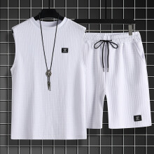 (White, 38) Summer Men'S Fashion Casual Suit Sleeveless Vest   Shorts Two-Piece Suit