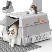 XXXL Stainless Steel Cat Litter Box with Dual-Door Entry, Light Grey