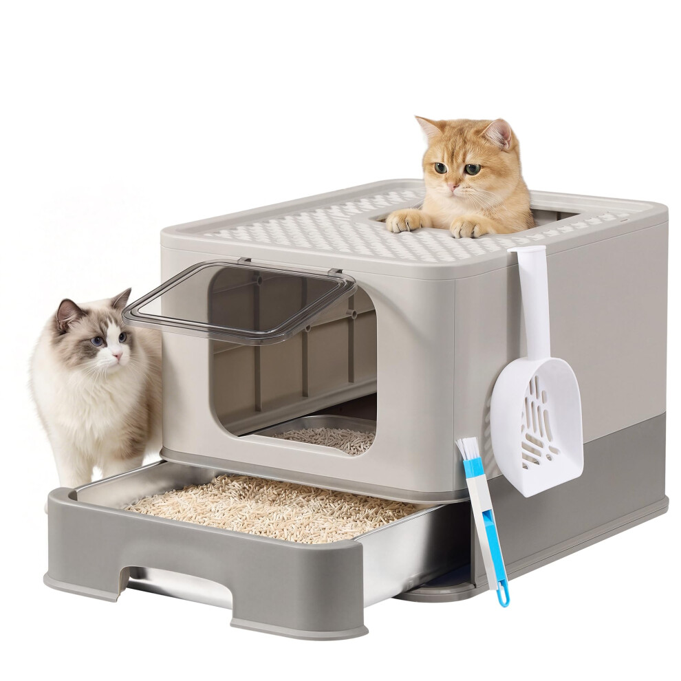 Feandrea Stainless Steel Cat Litter Box, Litter Tray With Pull-Out Drawer, Scoop