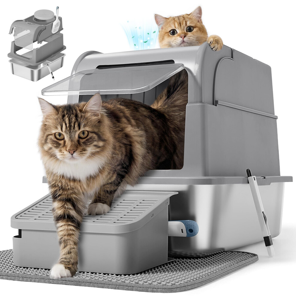 Feandrea Stainless Steel Cat Litter Box With Flip Lid, Enclosed Cat Litter Tray