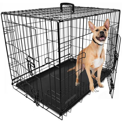 DogCrates+ Medium Foldable Dog Crate with 2 Doors, Non-Chew Plastic Removable Tr
