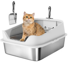 PawHut XL Cat Litter Tray Stainless Steel, Cat Litter Box High Sided with Metal