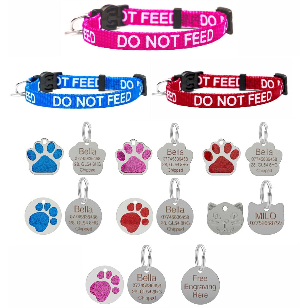 Larryroo Cat Collar Do Not Feed In Pink, Safety Release & Optional Engraved Id Tag (Pink, Paw Shaped Glitter Tag)