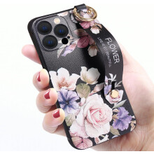 Lyxigt iPhone13Pro-skyddsskal, modernt läderplånboksfodral med unikt blommönster och inbyggda kortfack, matt rosa, militärklassat proffs