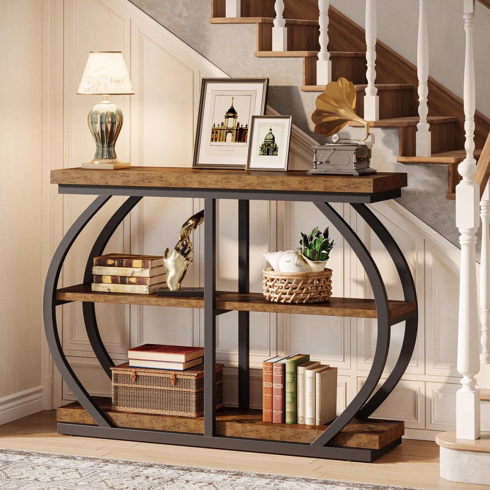 Tribesigns 41.3" Console Table, Industrial 3-Tier Entryway Table With Arched Metal Frame And Storage Shelves For Living Room, Hallway, Rustic Brown