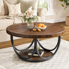 Tribesigns Round Coffee Table with 2 Tiers, 80CM Wooden Circle Accent Cocktail Table with Storage Shelf and Metal Frame, Industrial Center Tables for