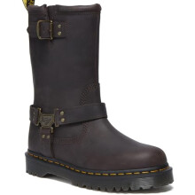 Dr. Martens Dark Brown Leather Motorcycle Boots with Yellow Stitching Sole, brown, 6.5 UK