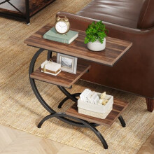 Tribesigns C-Shaped End Table for Living Room, 3-Tier Narrow Side Table with Storage, Wood Sofa Side Table with Geometric Metal Frame, Industrial