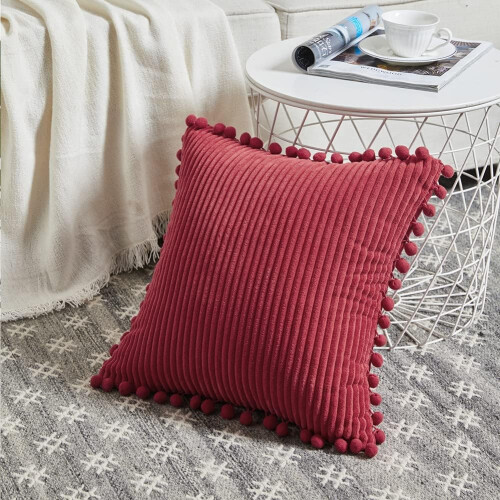 Capa de almofada retangular de veludo cotelê listrado com pompons, lavável à máquina, 30x50cm (12x20 polegadas), conjunto com 2 unidades. 2