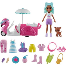 Polly Pocket Doll & Toy Vehicle Playset, Flamingo Snack Cart Includes with 3-inch Doll, Pet & 17 Accessories Including Food & Clothes