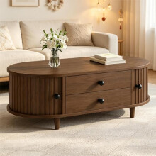 Merax Oval Coffee Table with Storage & Sliding Doors, Walnut Wood MDF Sofa Side Table with Rounded Corners, Modern Center Table with Central Storage