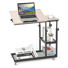 CASART Sofa Side Table, Height Adjustable Industrial Rolling Laptop Desk with 360Â Wheels, Tilting Top and Shelves, C-Shaped Mobile Coffee Tea Table