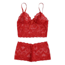 Womens Lace Bra and Briefs Set Camisole Sleepwear Lingerie Comfortable Soft Underwear Pajama Set for Home Lounging,Z001 Red,S