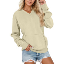 Women's V-Neck Hoodie with Pockets, Soft Loose-Fit Sweatshirt, Casual Winter Lounge Wear, Beige XL, Compatible with Everyday Wear