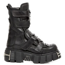 New Rock Boots M-422-S1 Unisex Metallic Black Leather Platform Gothic Boots - Black 6.5 UK