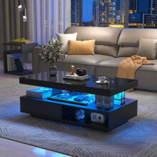 BTM High Gloss Coffee Table with LED Lights, Rectangle Coffee Table for Living Room, Black, 95 * 50 * 42.5cm