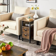 HYGRAD BUILT TO SURVIVE Industrial Look Wooden Narrow End Bed Side Coffee Table Space Saving Nightstand With 2 Storage Drawers For Living Room,