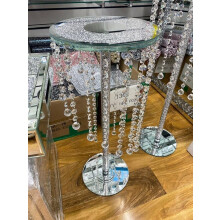 Biznest Mirrored End Table Silver Surface Glass Stand Round Top Crushed Jewel Loose Diamond Hallway Furniture Glitter Leg Bed Side Sparkle Bling