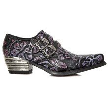 New Rock 7960-S8 Shoe EMBOSSED VINTAGE Black Leather Buckle Steel Heel Shoes - Black Violet 41