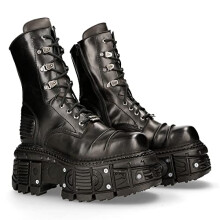 NEW ROCK Boots Unisex Platform Buckles Zip Black Tank Metallic Collection Black Imperfect Woman Man Boots M-TANK005C-C1, Black/White, 9.5 UK