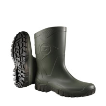 DUNLOP Flying Dee - Unisex Calf High Short Wellington Rain Boots, Green/Black, Waterproof and Chemical Resistant PVC Work Wellies for Outdoor,