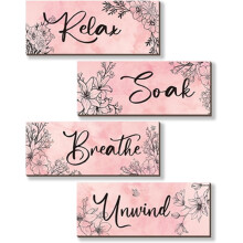 4-Piece Pink Floral Wall Decor for Girls' Room, Bathroom & Bedroom – Wooden Hanging Art (10x4 in), Compatible with Relax Soak Theme