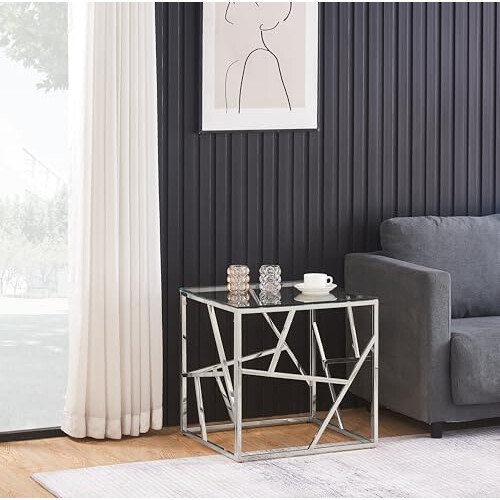 Comfy Living Comfy Living Glass and Metal Square End Table Side Table, Gold or Silver (Silver) 1