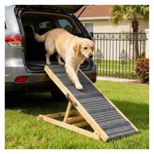 Dog Ramp for Bed & Car, 7-Height Adjustable, Non-Slip, Foldable, Wooden, 150lb Capacity, Compatible with Small/Large/Old Dogs