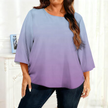 Women's Plus Size Gradient Color Casual Three Quarter Sleeve Round Neck Top Loose Comfortable Fit Versatile for Daily Weekend Outdoor Casual Wear