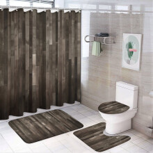 Brown/Gray Wood Grain 4-Pc Shower Curtain Set w/ Non-Slip Rug, Toilet Lid Cover & Bath Mat – Waterproof Bathroom Decor
