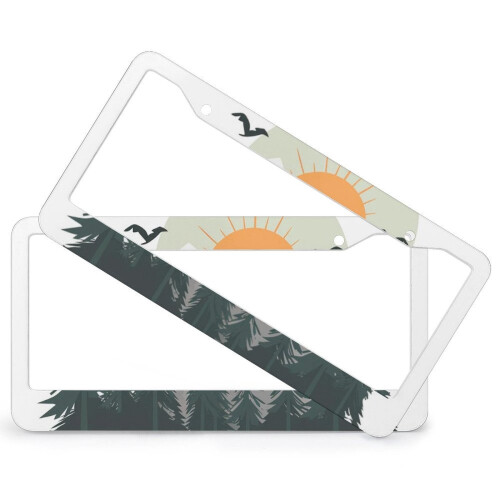 Aluminum License Plate Frame Trees Mountains Sun Art 2 pcs 1