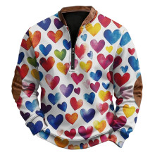 Men's Retro American Heart Print Crew Neck Half-Zip Hoodie - Casual Trendy Pullover - Multi-color Size XL